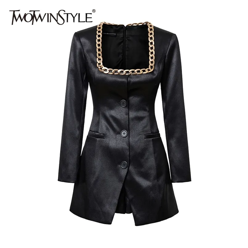 Sexy Patchwork Chain Suit Female Square Collar Long Sleeve High Waist Mini Two Piece Set For Women Autumn 210521