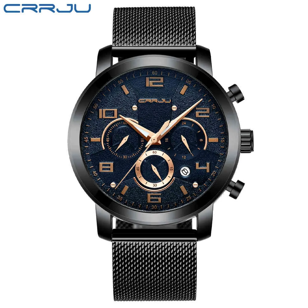 Crrjuメッシュ時計男性ビジネスカジュアルクォーツ腕時計メンズクロノグラフ防水カレンダークールドレス腕時計Reloj Hombre 210517