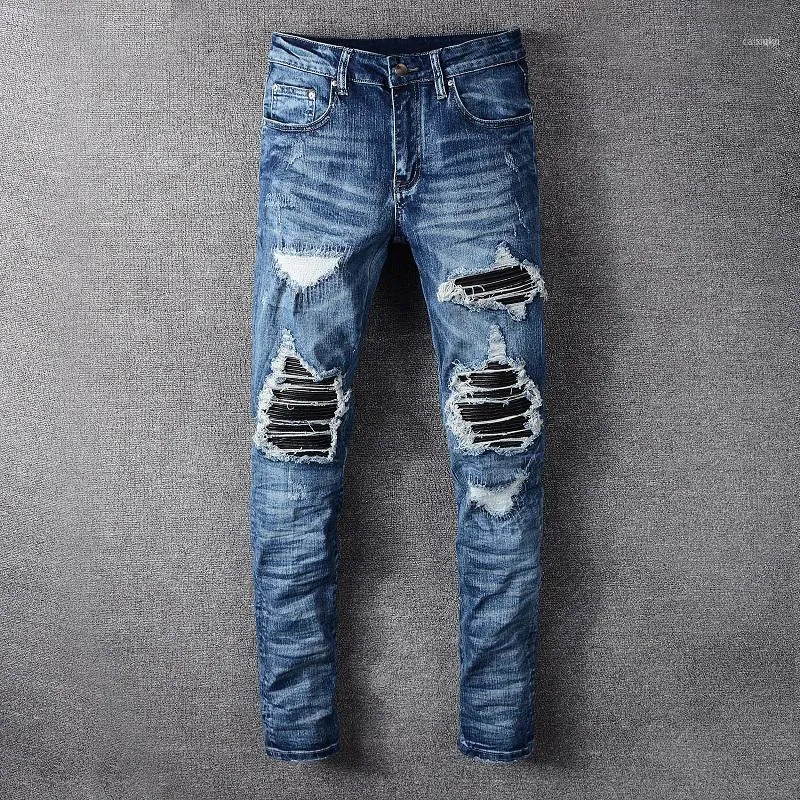 Jeans masculinos moda streetwear homens de alta qualidade Slim destruído rasgado punk calças marca designer elástico hip hop1