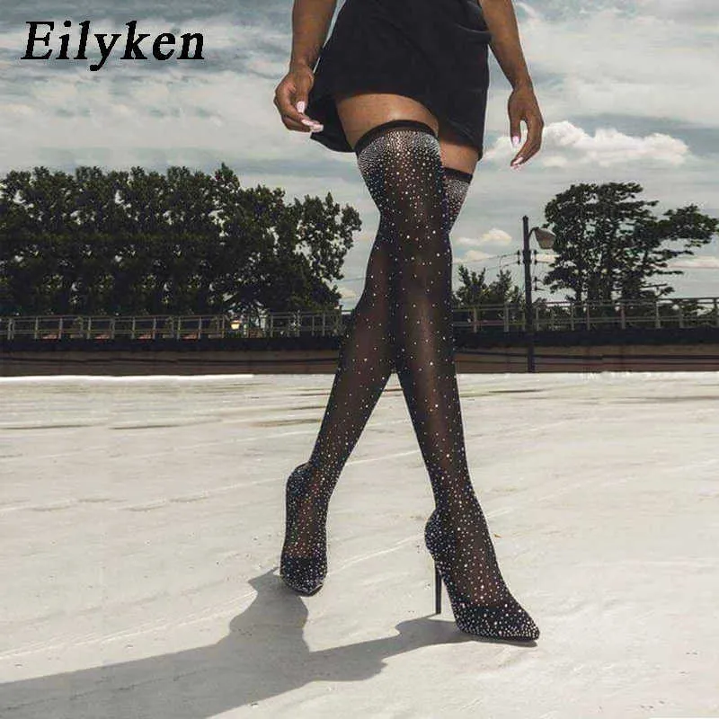 Eilyken moda runway crystal trecho tecido peúga botas ponta pontudo over-the-joelho coxa de alto pointed women boot 210911