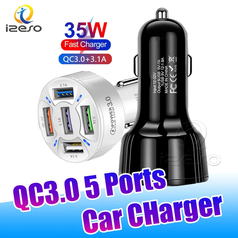 QC3.0 5Usb portas telefone carregador de carro 35w LED luz de carro USB carregamento automático adaptadores de energia para smartphone izeso