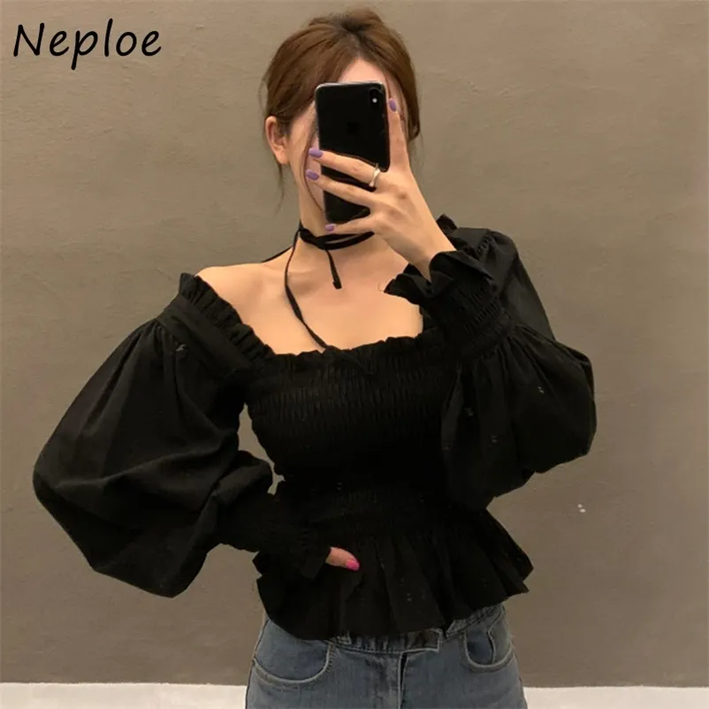 Chic Fungus Patchwork Square Collar Women Blouse Pleated Slim Waist Ruffles Femme Blusas Elegant Lantern Sleeve Shirt 210422