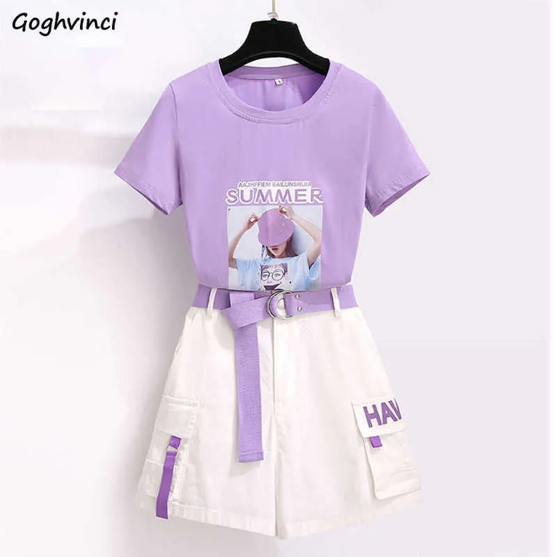 Женские наборы летний шикарный фиолетовый принт Harajuku Sweet Girls Outfits Прекрасный с коротким рукавом The Tees высокие талии грузовые женские шорты Y0702