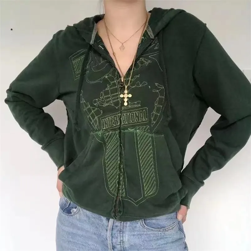 Frauen Hoodies mit Taschen 90er Jahre Vintage Grafik Y2k Ästhetische Mantel Top E-Girl Sweatshirts Frühling Herbst Gedruckt Reißverschluss 210803