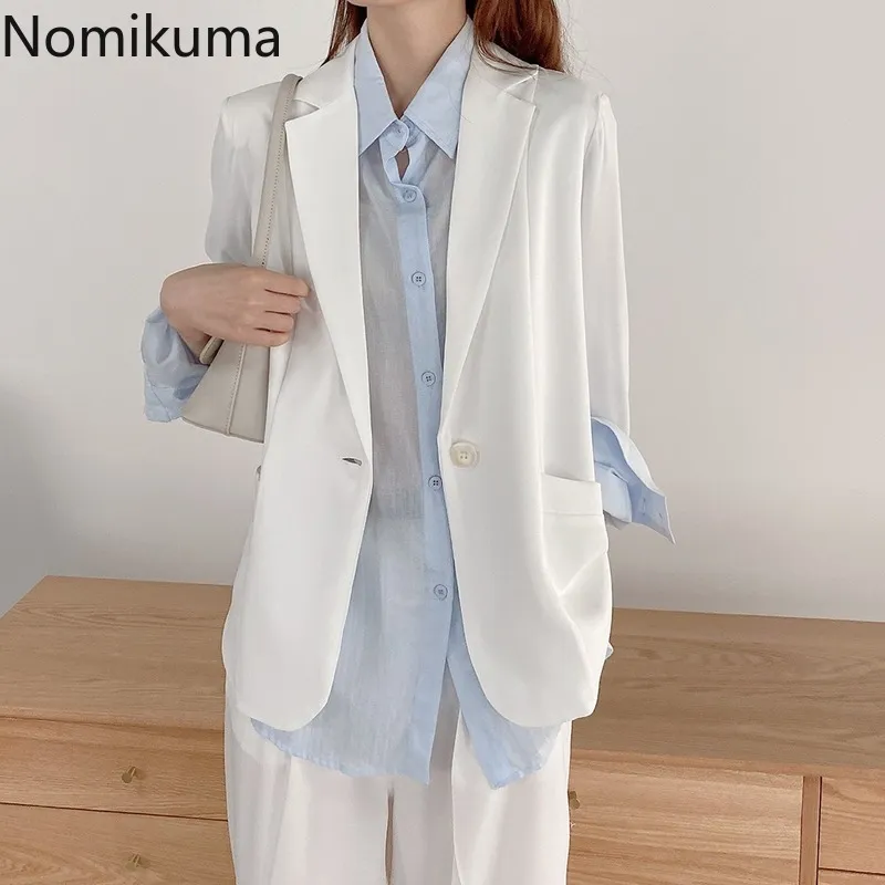 Nomikuma Style coréen à manches longues mince Blazer femmes couleur unie bouton unique décontracté mode vestes bureau dames hauts 3c024 210514