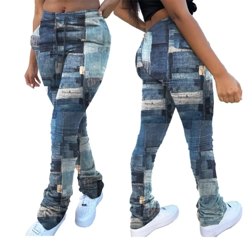 Women Fake Jeans Print Stacked Pants Legging High Waist Flare Bell Bottom Ruched Trousers Draped Jogger Sports Sweatpants Q0801