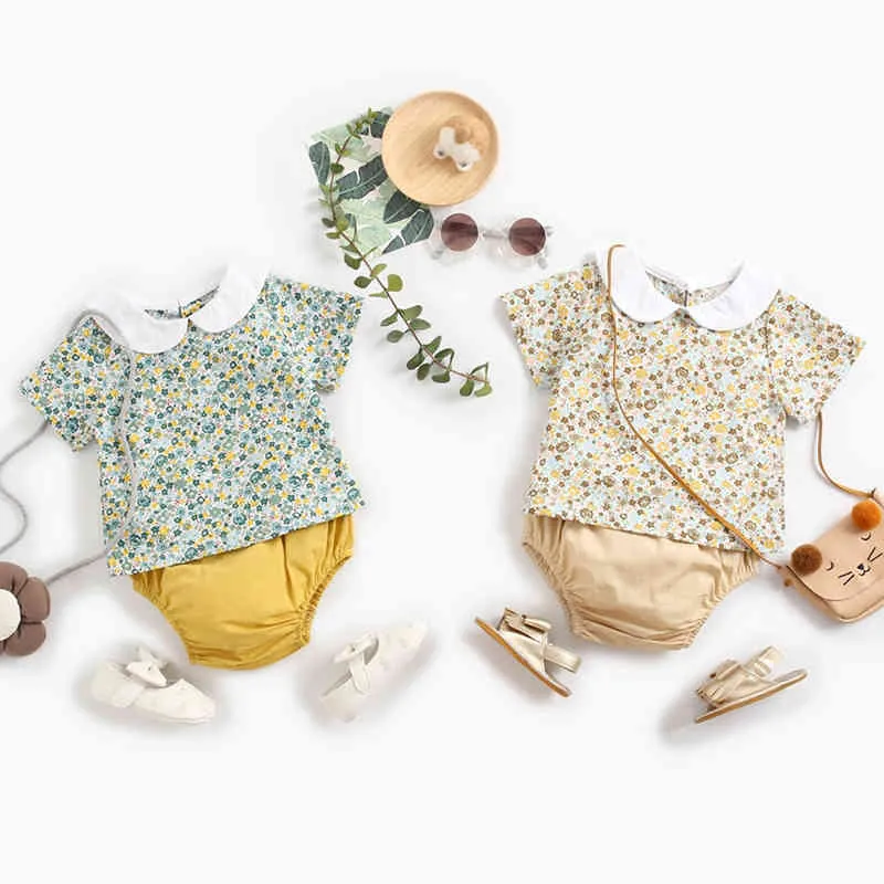 Sommar baby flicka kläder barn flickor docka krage uppsättningar blommig t-shirt + triangelbyxor kläder kostym barn 210429