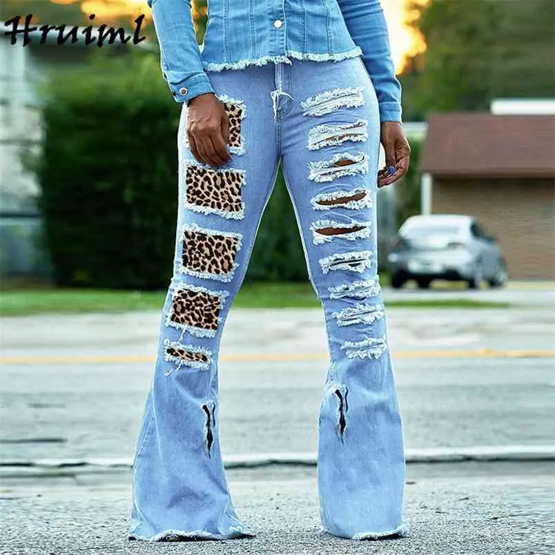 Jeans Knopfleiste mit Reißverschluss Lässige Mode Ankunft Frauen Bottoms Hosen Leopard Stitching Hole Plus Size Spodnie Damskie 210513