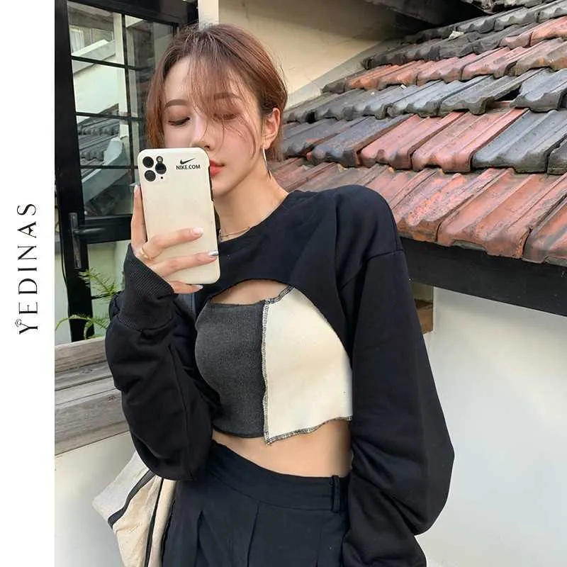 Voorkant Big Hollow Long Sleeve Tee Cloak Pullover T-shirt en bijpassende Set Slanke Crop Top Streetwear Fashion Trainingspak Sexy T-shirt 210527