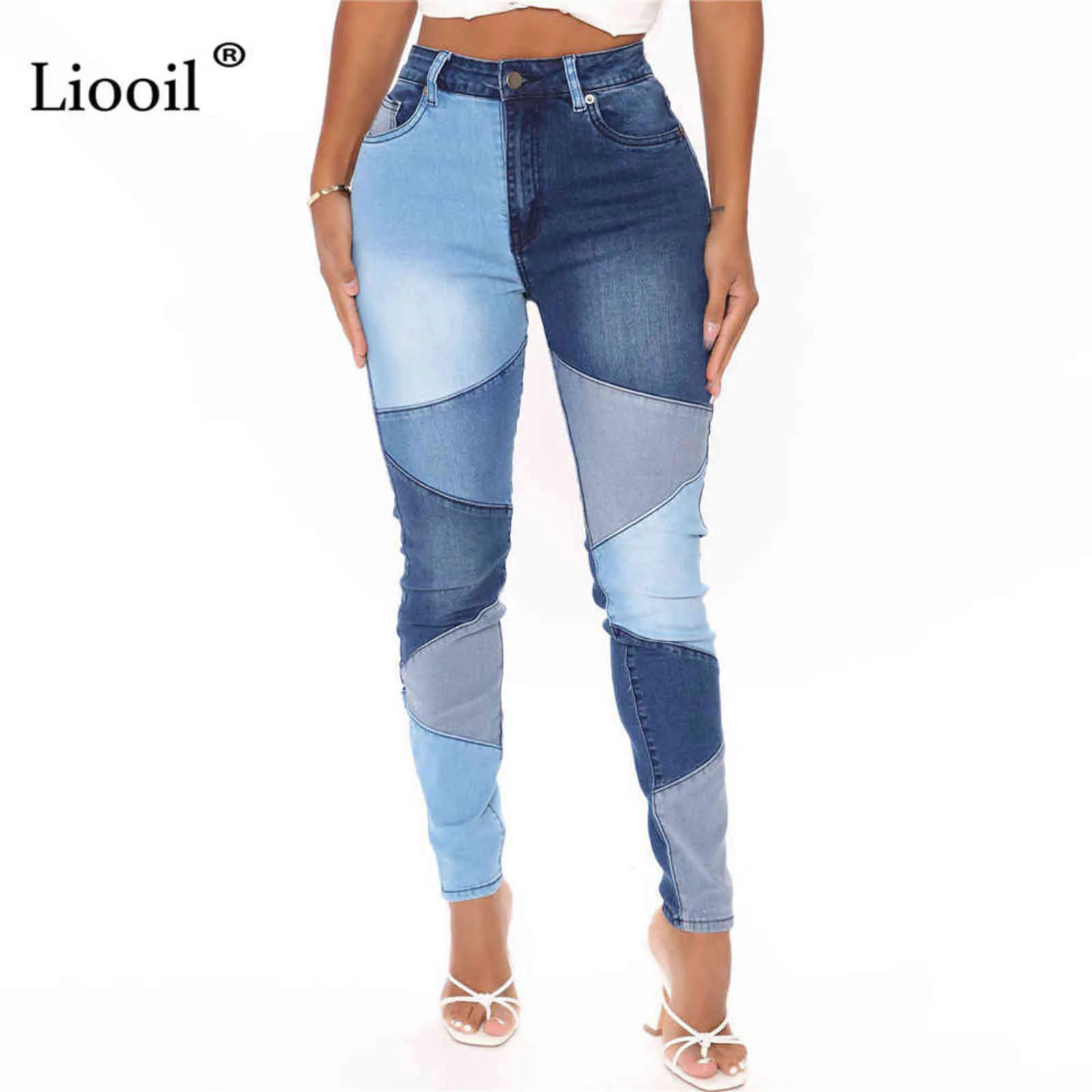 Patchwork Skinny Y2K Jean Pants Pants Woman High Waist Streetwear Black Blue Color Block Sexy Stretch Denim Jeans 211129