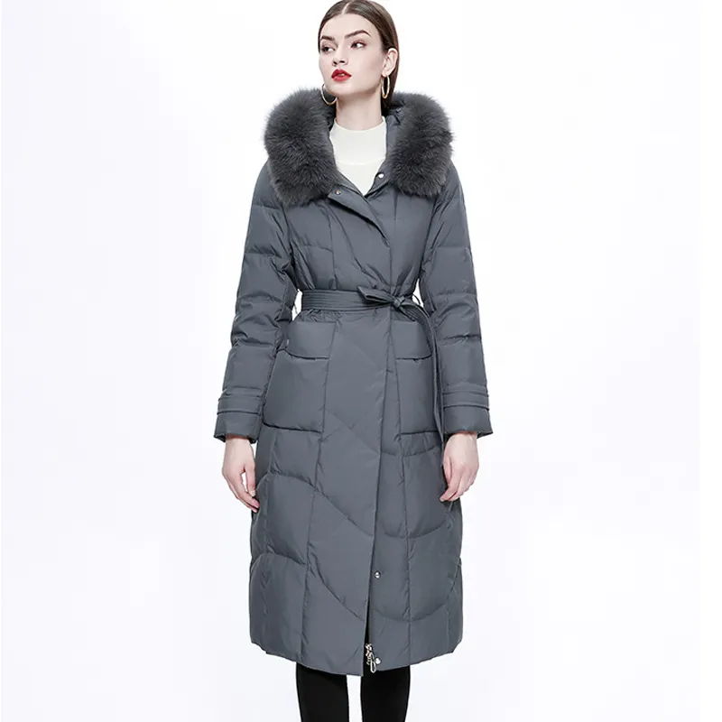 Manteau en duvet pour femmes 100% véritable col en fourrure de renard à capuche décontracté chaud pardessus vêtements d'extérieur d'hiver