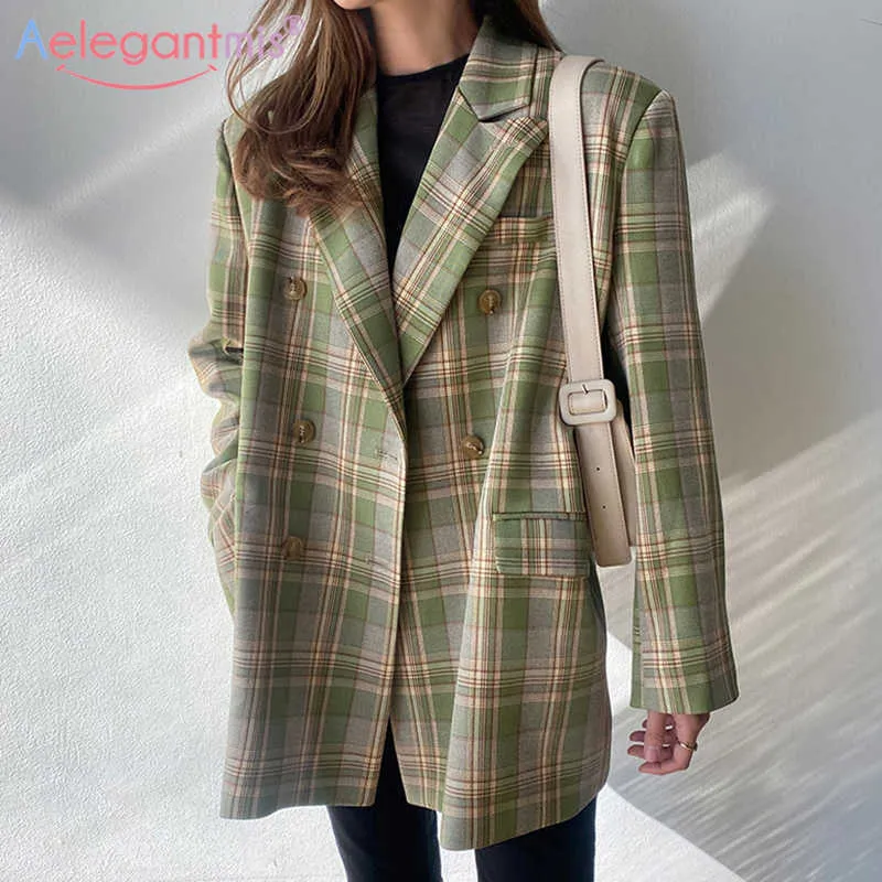 Aelegantmis Vintage Loose Women Plaid Blazer Office Lady Double Breasted Work Suit Coat Stylish Ladies Casual Blazers Jacket 210607