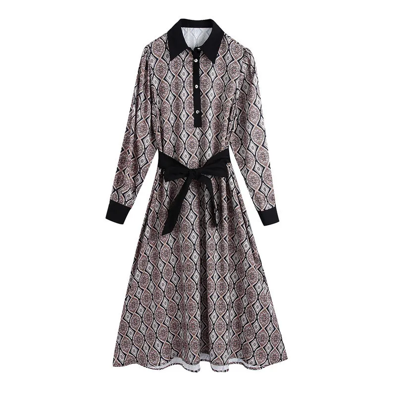 BLSQR Elegant Geometry Print Dress Women Lapel Long Sleeve Sashes Holiday Office Ladies Midi 210430