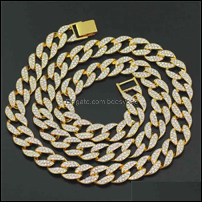 Bling Rhintone Golden Finish  Cuban Link Chain Necklace Men`s Hip hop Necklace Jewelry