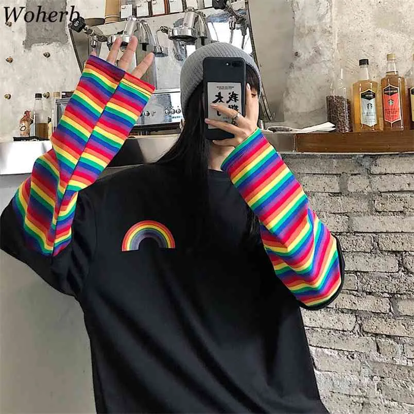Streetwear Japanese Harajuku Rainbow Striped T Shirt Kvinnor Patchwork Toppar Fake 2 Pieces T-shirts Tjejer Tees 210519