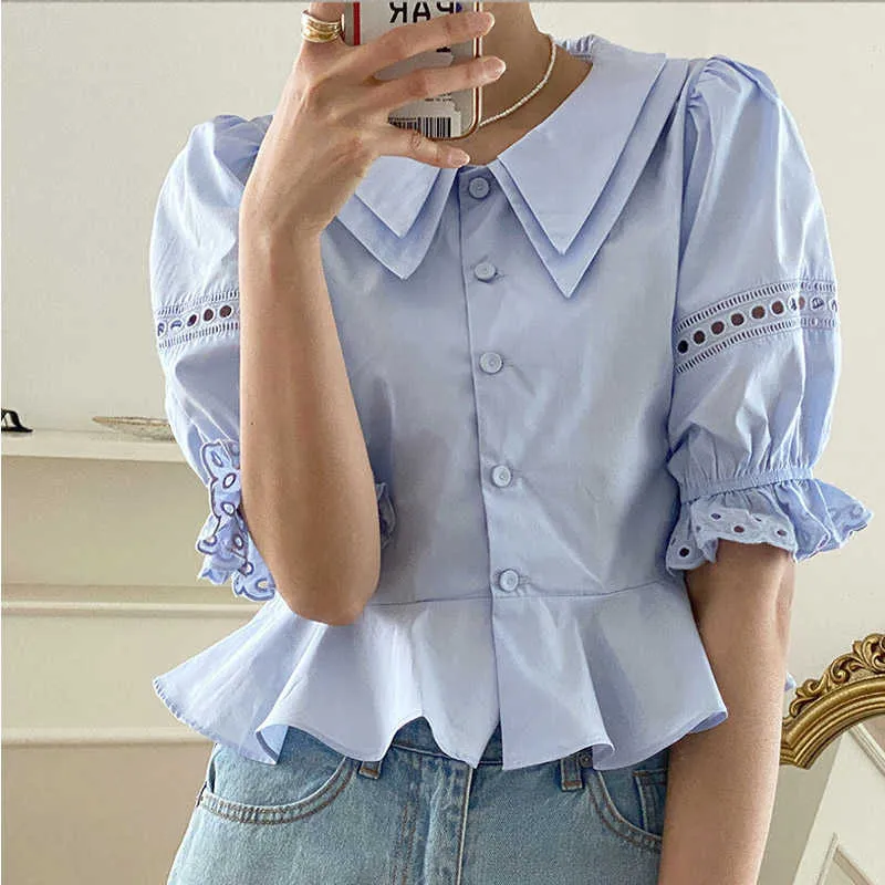 Chic Turn-Down-Kragen Halbarm Einreiher Bluse Frauen Arbeitsstil OL Slim Solid Color Blusas Sommerhemd Femme 210527