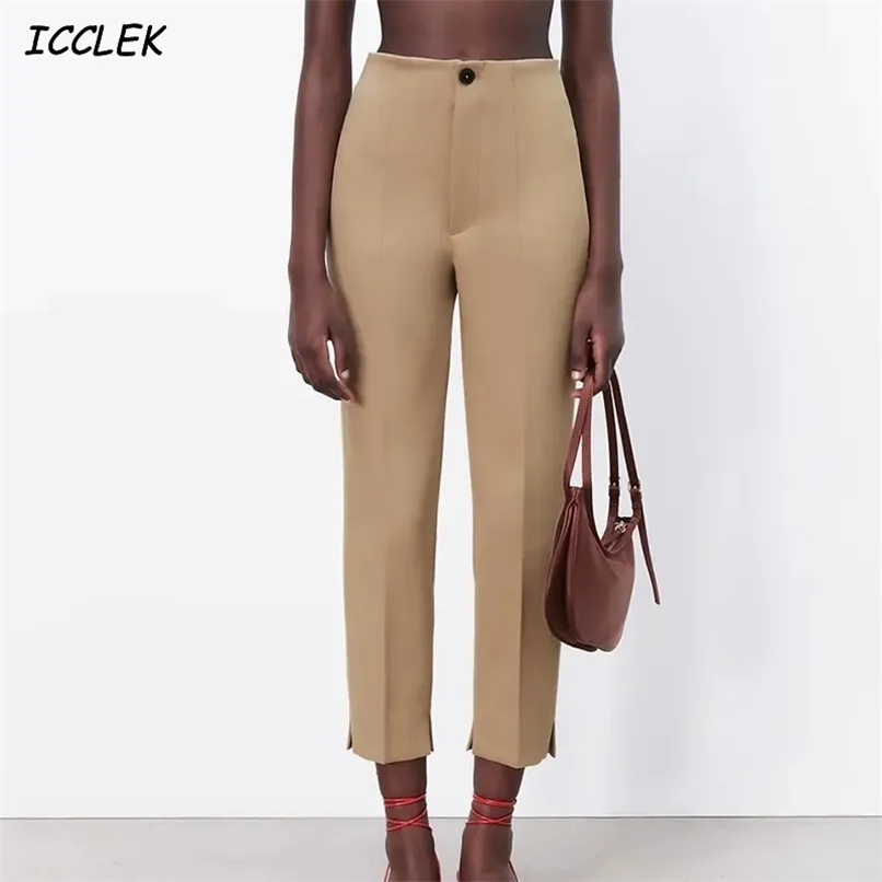 Za spodnie dla kobiet wysoki talia spodnie biurowe formalne damskie odzież robocza stałe skinny pantsuit casual wiosna khaki moda szczupła trf 210915