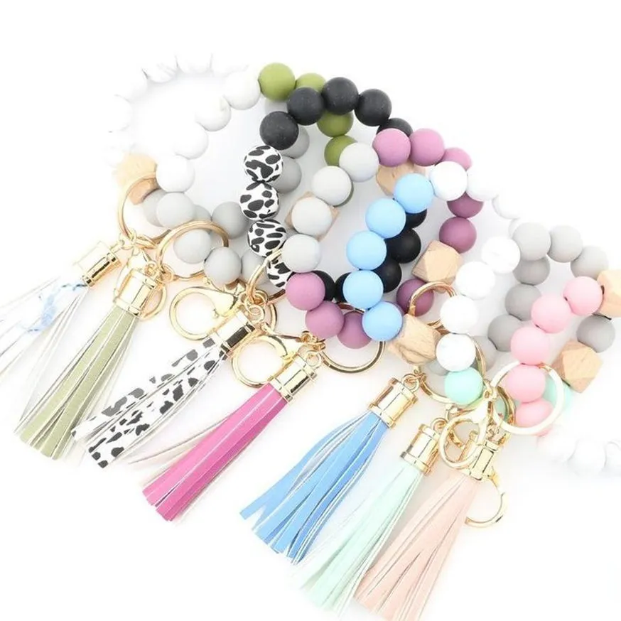 Moda Silicone Bead Braceletes Beech Tassel Chaveiro Chaveiro Pingente de Couro Pulseira Jóias Mulheres 14 Estilo 496