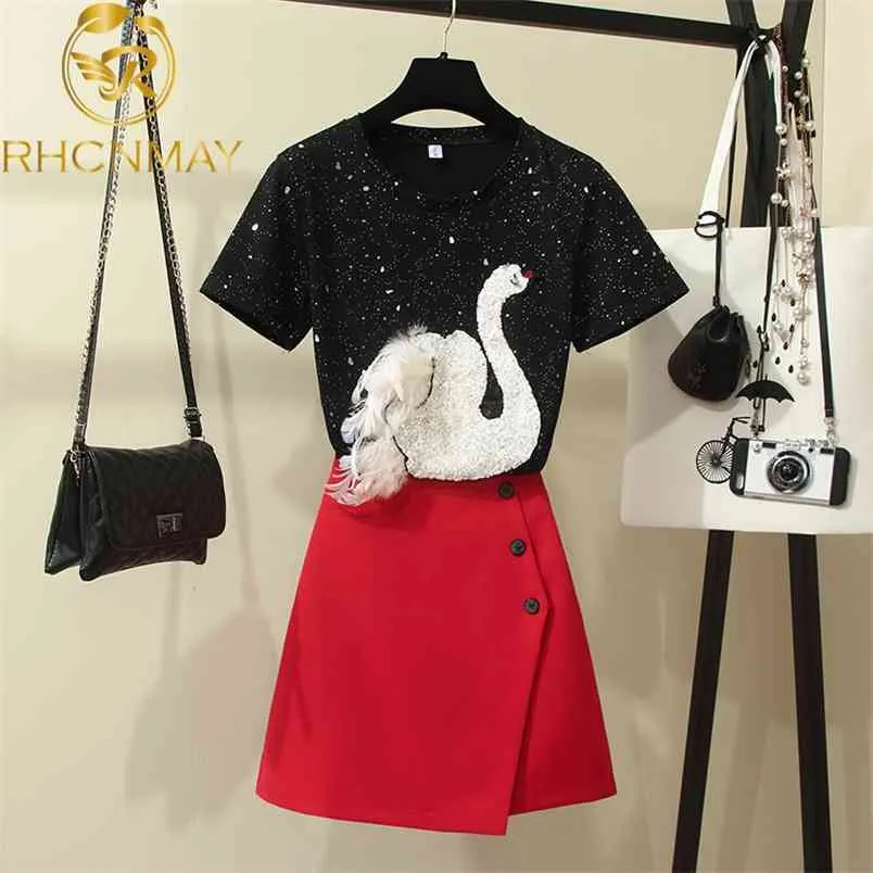 Fashion Summer Women's Stereo Swan Sequins Embroidery T-shirt Top + Red Buttons A Line Skirt Twinset Ladies Set 210506