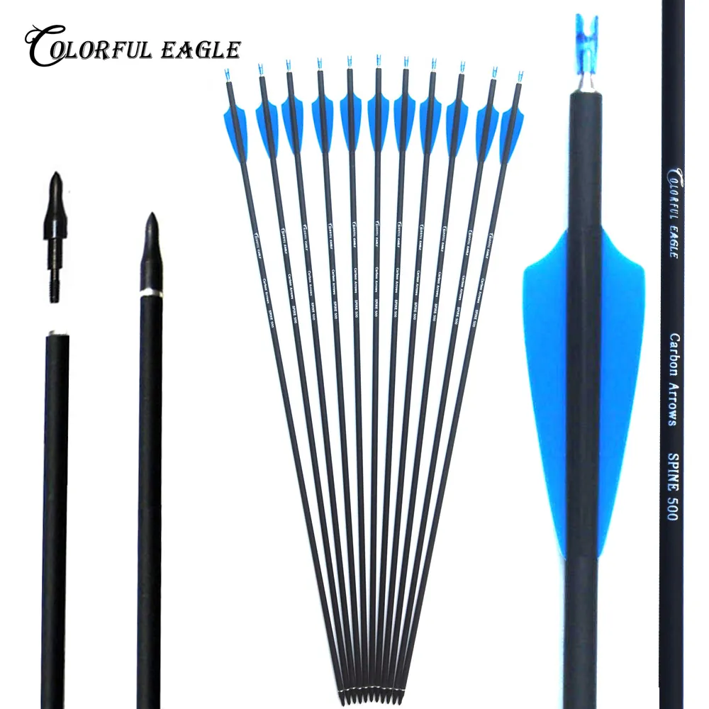 28" 30" 31" Spine 500 Archery Carbon Arrow 3 Inch Blue And Black Palette Recurve Compound Hunting Bow Replaceable Arrowheds