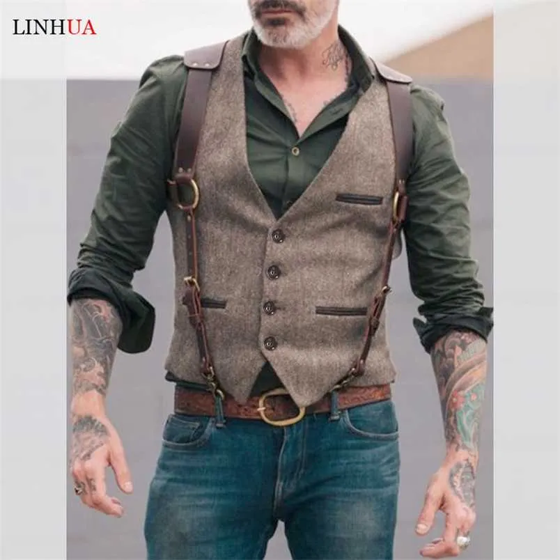 Linhua ärmlösa män Vest Retro Waistcoat herrrockar Man Coat Male Clothes Jackets kläder Taktiska vadderade mens västar Golf 220114