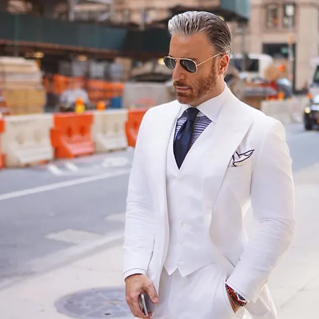 Trajes de hombre de solapa de pico ancho para esmoquin de boda 2022 novio blanco mejor chaqueta de hombre 3 piezas esmoquin de negocios informal elegante