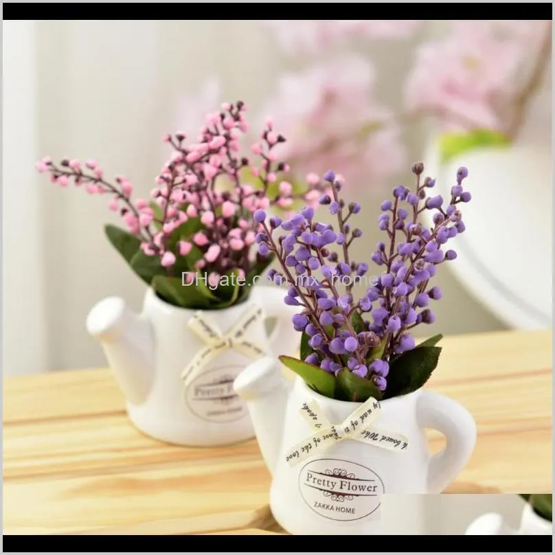 fake flowers lily of the valley +ceramic small pot vase mini desktop bonsai for living room garden decoration artificial decorative &