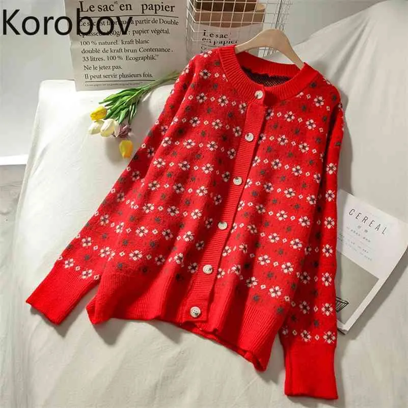 Korobov femmes chandails coréen automne Vintage à manches longues simple boutonnage Sueter Mujer Preppy Style court tricot Jacquard Cardigans 210430