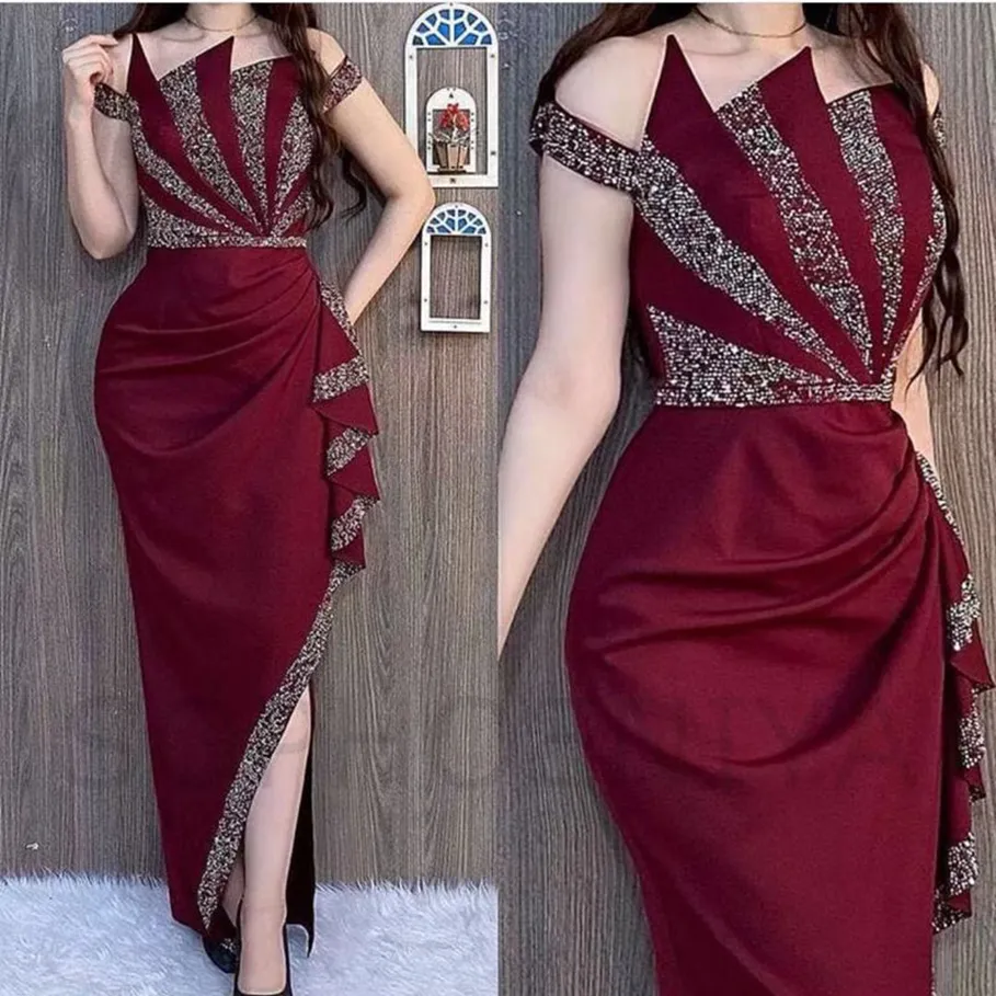 新しい到着バーガンディのアラビア語のイブニングドレス女性パーティークリスタルビーズカフタンドバイイブニングドレス