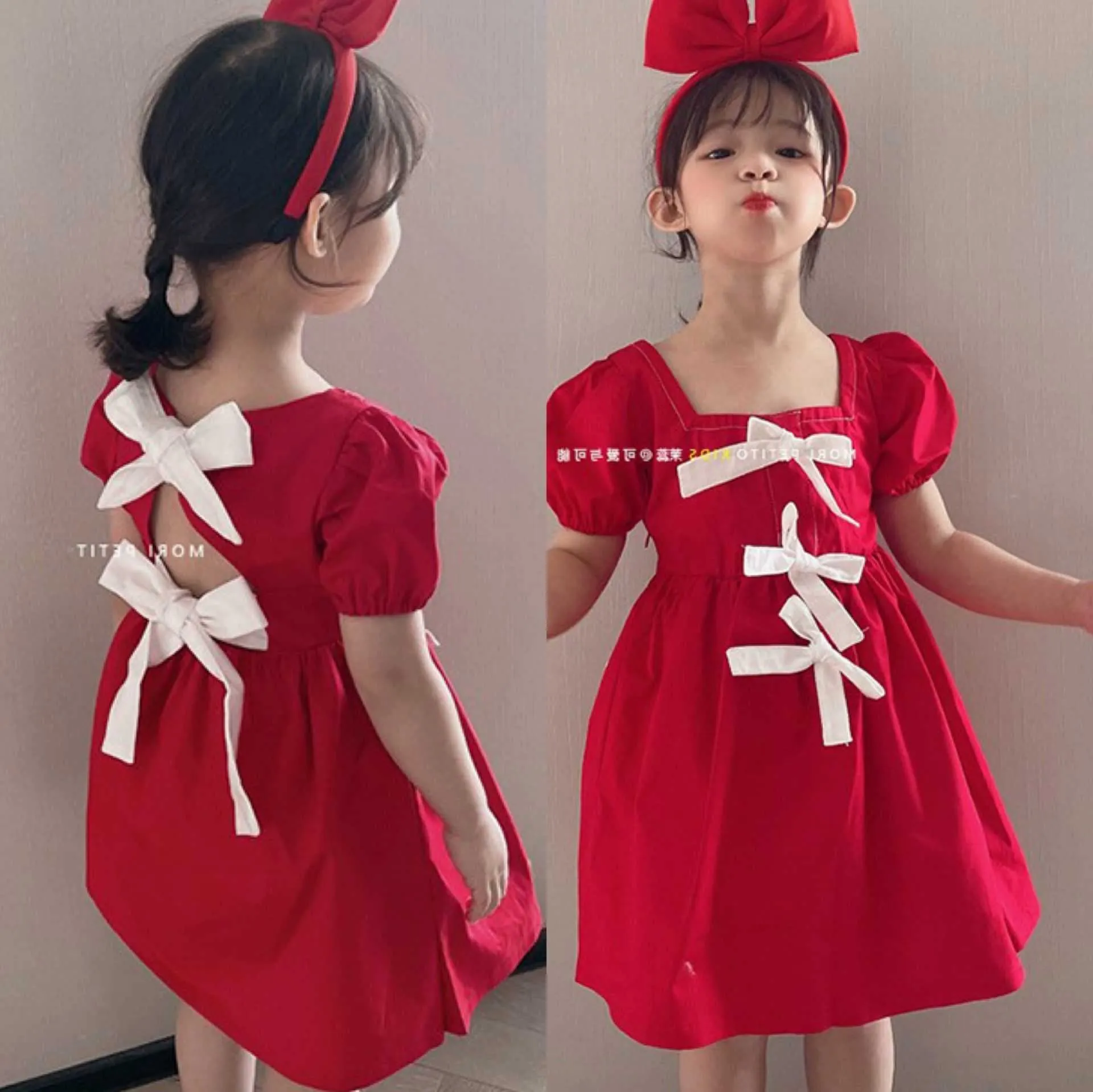 Mode Mädchen Rotes Kleid Bowknot Solide Prinzessin Kleid Kurzarm Sommerkleid für Baby Mädchen Süße Kleidung Kinder 2-7 jahre 210715