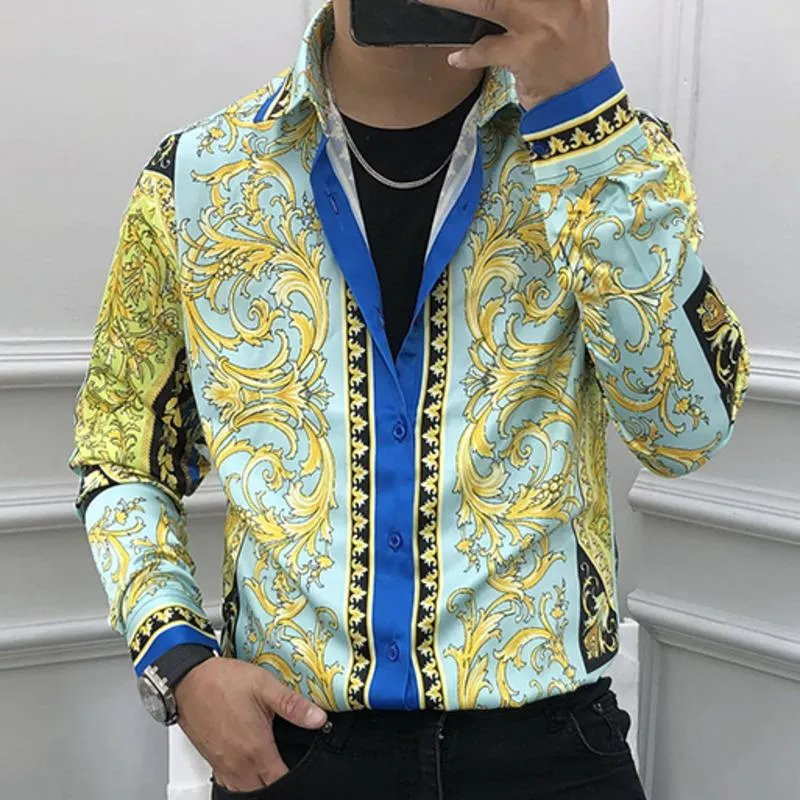 Men's Casual Shirts 2021 Luxury Designer Long-sleeved Party Prom Club Shirt Baroque Royal Green Men Fashionable Gold Flower T237f