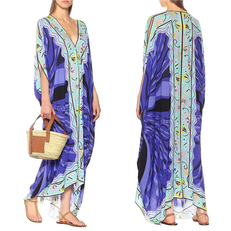 VKBN High Quality Silk Women Long Dress Batwing Sleeve Three Quarter V-Neck Geometric Pattern Printing Maxi Dresses for Women 210507