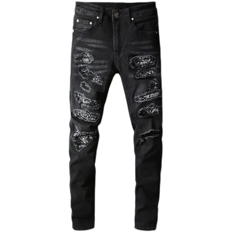 Bandana masculina paisley impresso retalhos estiramento jeans streetwear preto denim calças lápis magro rasgado calças 669239j