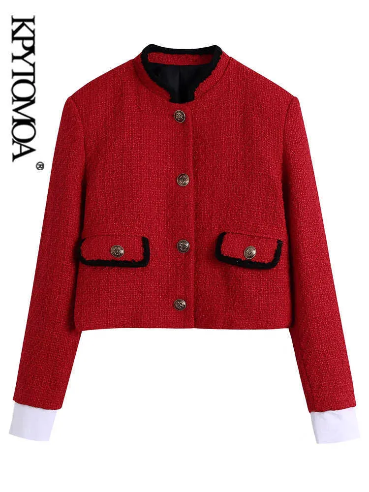 KPYTOMOA Frauen Mode Mit Taschen Tweed Abgeschnitten Jacke Mantel Vintage Langarm Button-up Weibliche Oberbekleidung Chic Tops 220118