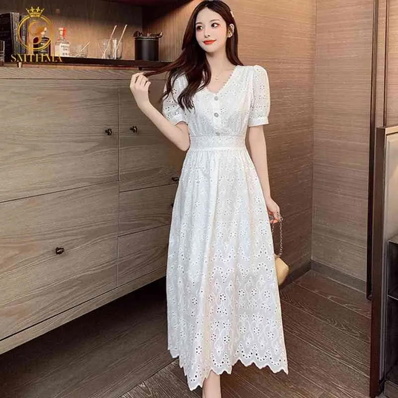 Fashion Runway Summer Dress Women Short Sleeve Elegant Ruffle Hollow Lace Embroidery Mid-Length White 210520