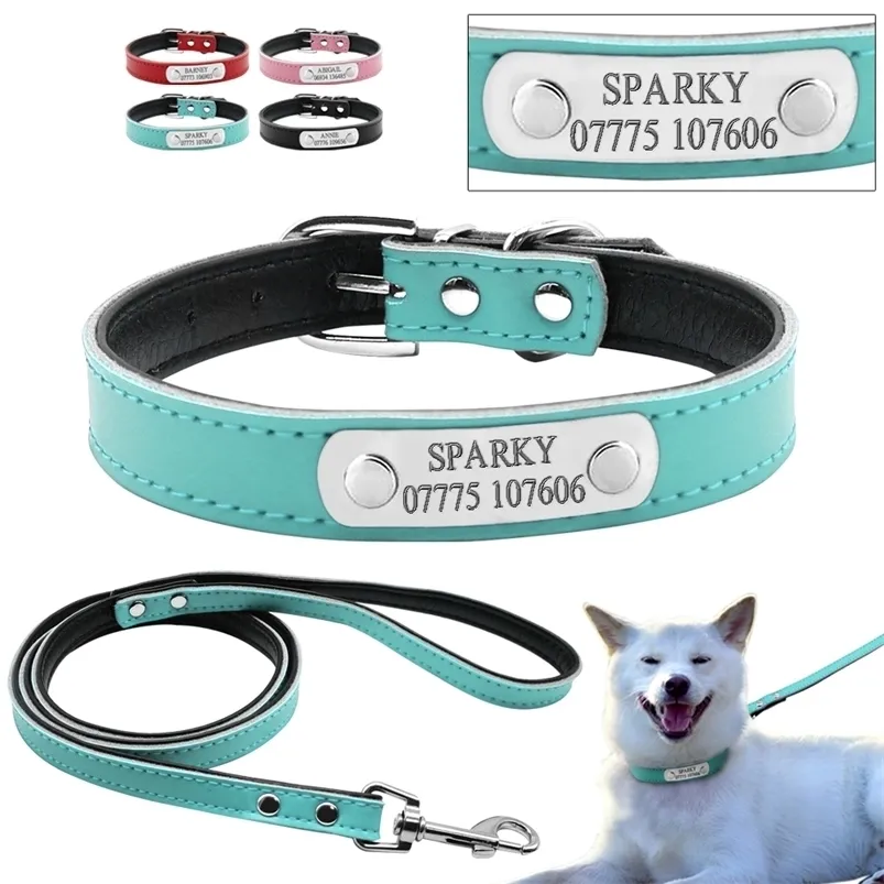 4 Colors Personalized Engraved Dog Collar Leash Set Customized Name Phone Metal Buckle Cat Puppy Pet ID Collar XS S M 210729