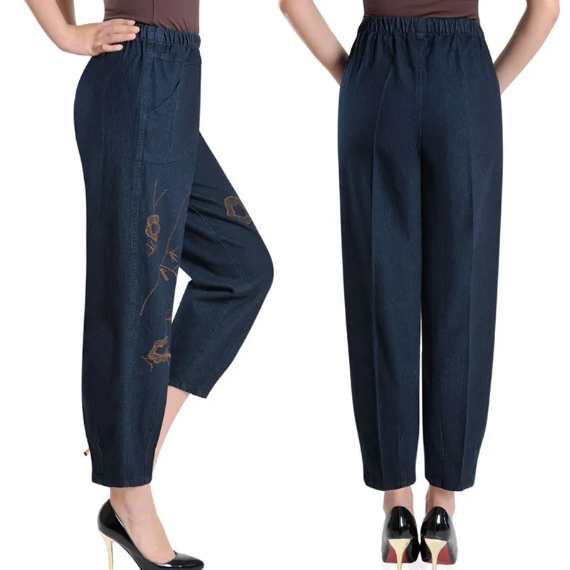 Vrouwelijke plus size casual denim broek vrouwen vrouwen losse harem jean met borduurwerk elasticiteit vriendjes moeder 210514