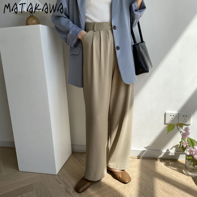 Matakawa szeroka noga spodnie damskie lato drape luźne cienkie spodnie proste Pantalon femme 210513