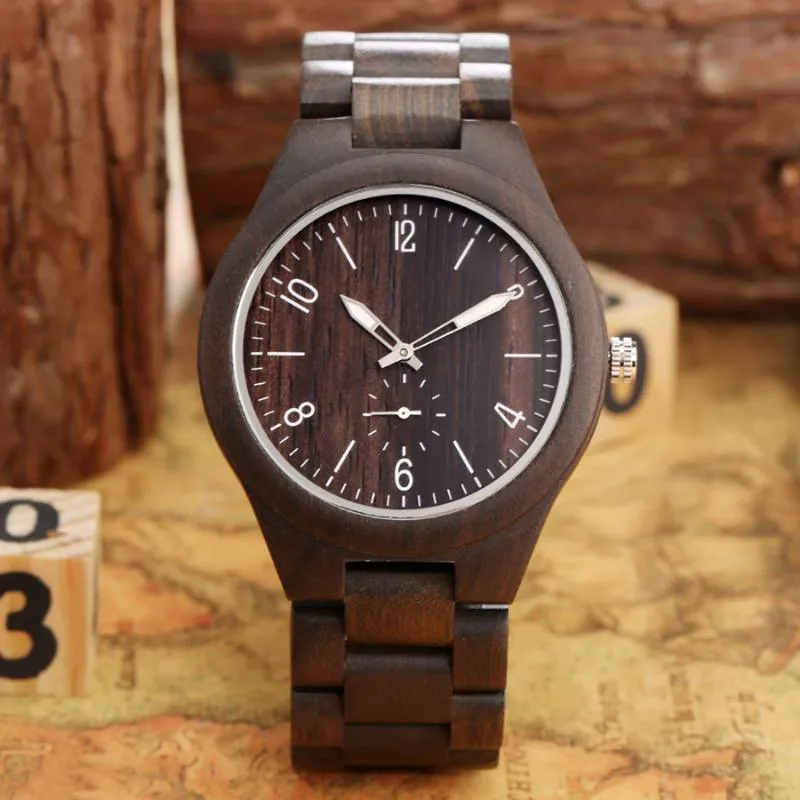 Relógios de madeira de pulso relógios de madeira para homens exclusivos relógio de ébano de ebony man natural banda natural quartzo small segundos hand relógio masculino