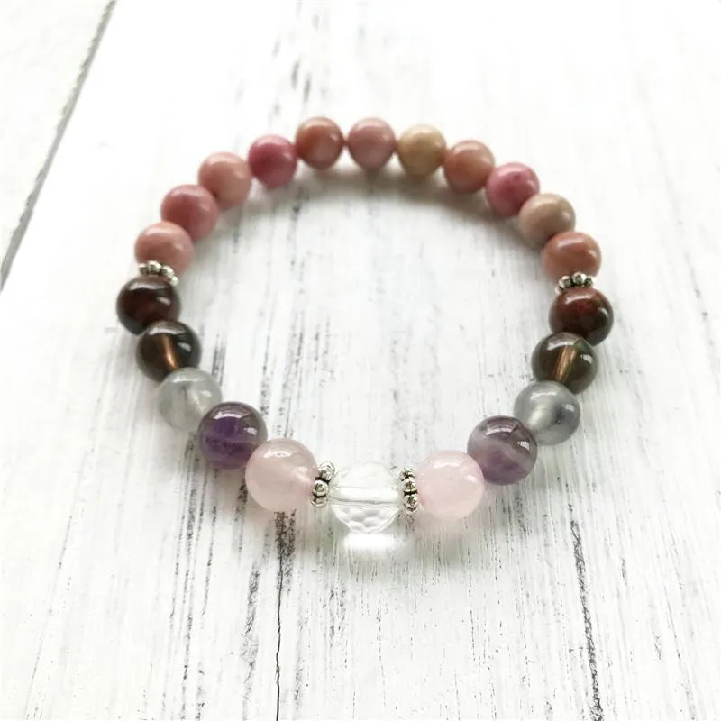 Relief Stress & Anxiety Bracelet 7 Crystals Healing Wrist Mala Beads For Daily Gratitude Rhodonite Beaded, Strands