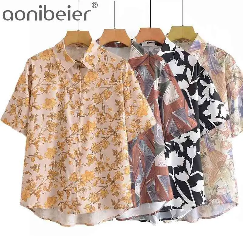 Summer Fashion Printed Casual Holiday Loose Shirts Drop Shoulder Short Sleeve High Low Hem Women Blouses Female Tops 210604