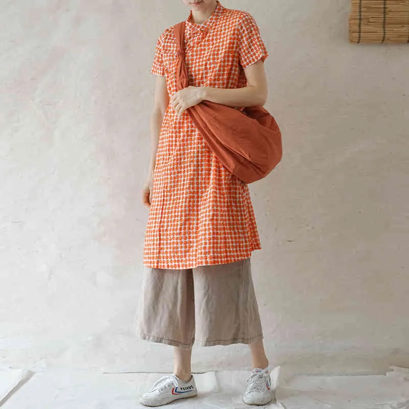 Johnature Women Chinese Style Dress Polka Dot Stand Kortärmad Cheongsam Sommar A-Line Vintage Kvinnlig skjorta Klänningar 210521