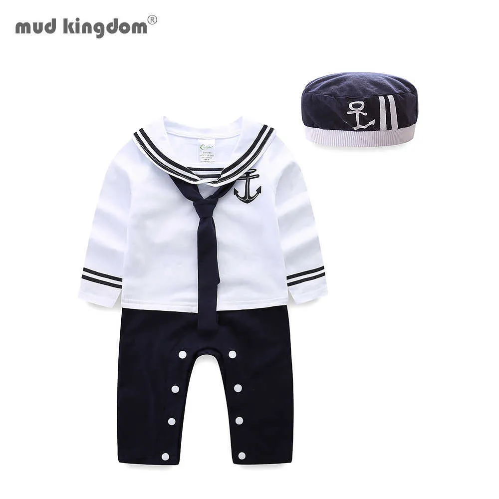 Mudkingdom Baby Boys Rompers Coton à manches longues Style marin et chapeau 2pcs Combinaison Vêtements pour enfants 210615