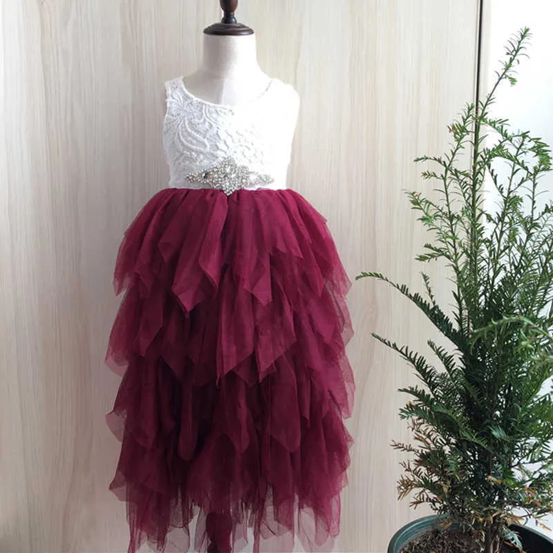 Xmas Kids Meisjes Tutu Lange Jurk Kinderen Prinses Bourgondië Kleur Kant Maxi Peuter Baby First Christmas Party 210529