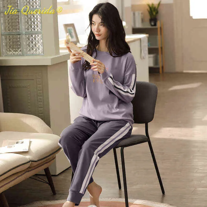 Casual Sleepwear Cotton Big Size Women Pajamas M L XL 3XL 4XL 5XL Pajama  Set Sporty Style Plus Home Suits 211106