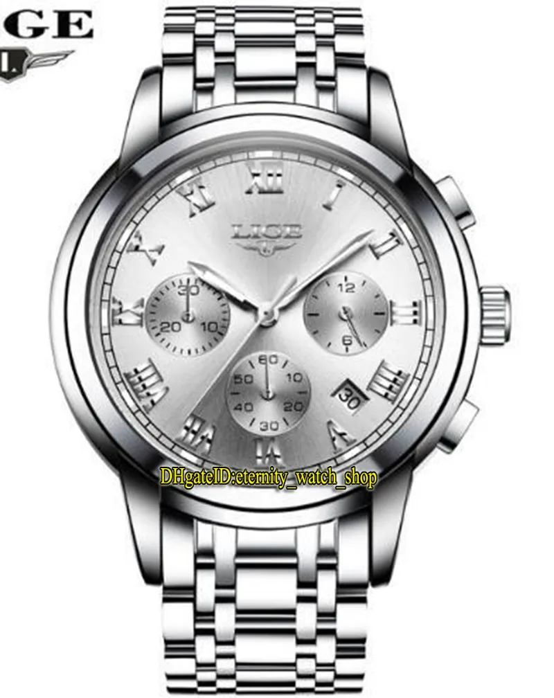 LIGE Eternity 9810 Sport Mens Horloges Datum Silvery Dial Japan VK Quartz Chronograph Beweging Mannen Horloge Staal Case Silver Roestvrij Bracelet