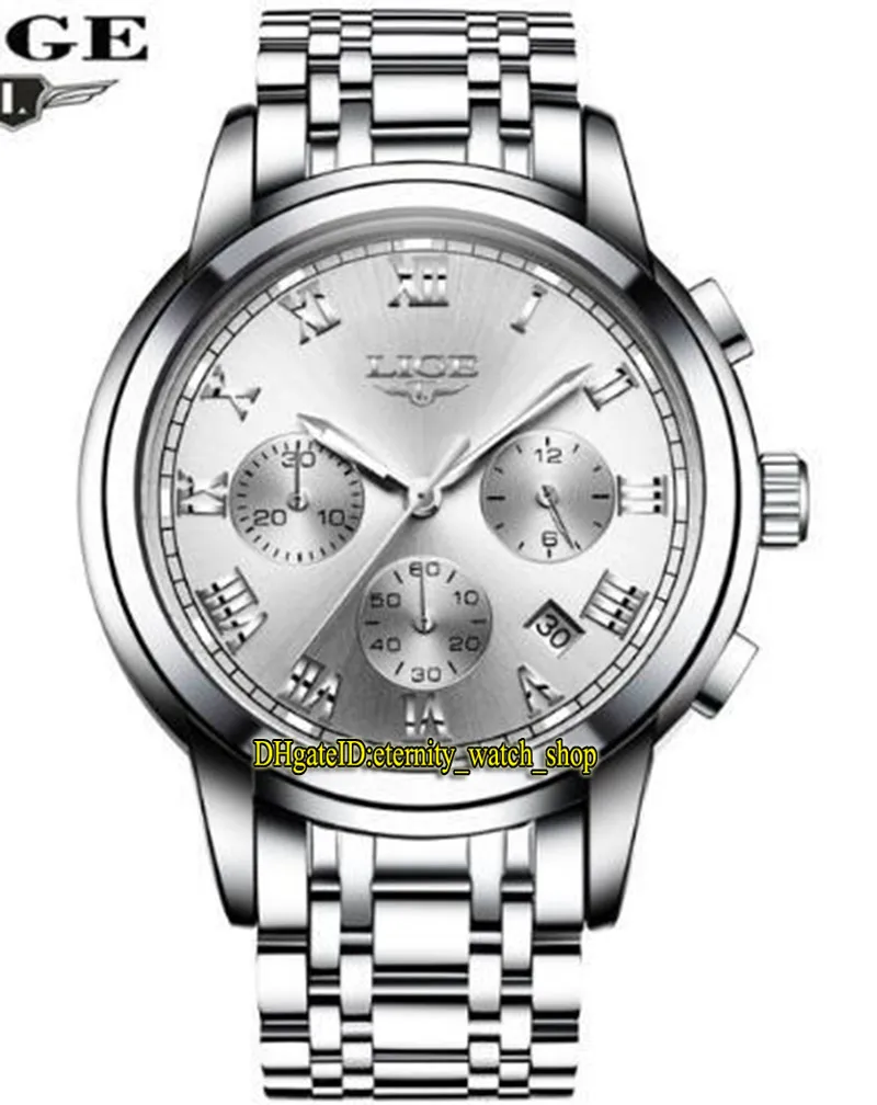 Lige Eternidade 9810 Esporte Mens Relógios Data Silvery Dial Japão VK Quartzo Cronógrafo Movimento Homens Assista Aço Aço Inoxidável Prata Pulseira