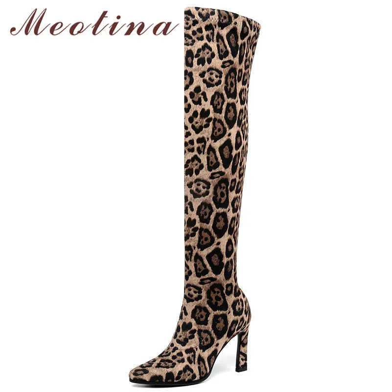 Meotina herfst dij hoge laarzen vrouwen slanke stretch super hoge hak over de knie laarzen sexy luipaard lange schoenen dame winter 34-43 210608
