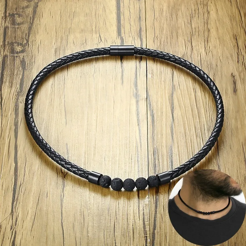 Men's Lava Stone Rock Braid Leather Choker Necklace Men Boho Hippie Male Jewelry Surf Necklaces in Black Color 2202122422