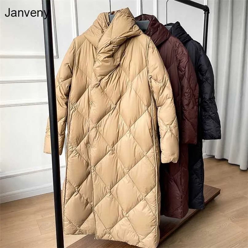 Janveny Ultra Light Women's Winter 90% White Duck Down Jacket Long Puffer Fluffy Coat Hooded Female Loose Feather Parkas 211008